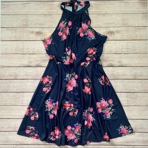 Dark Blue and Pink Floral A-Line Dress